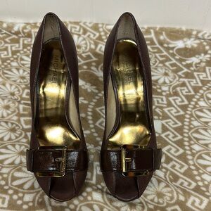 MICHAEL Michael Kors Brown and Gold Heels with Buckle Detail